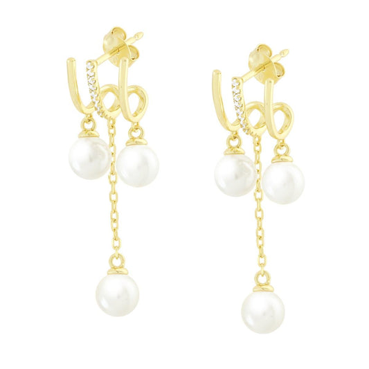 Orecchini Chandelier Perle e Cubic Zirconia Bianchi in ARGENTO 925 Galvanica Oro