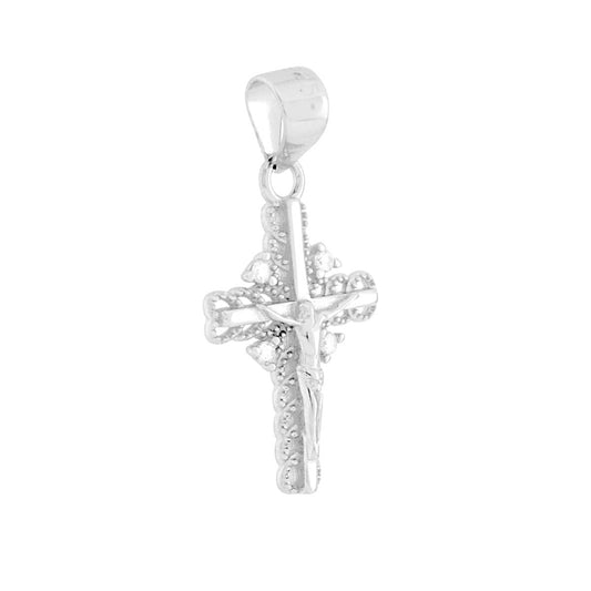 Ciondolo Croce con Ges Cristo e Cubic Zirconia Bianchi in ARGENTO 925 Galvanica Rodio