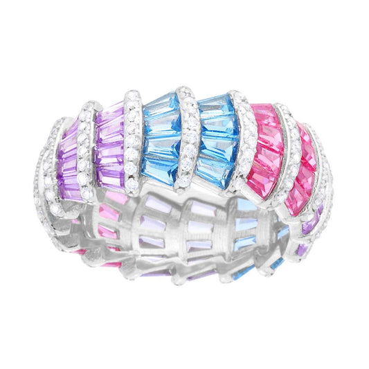 Anello Fascia con Cubic Zirconia Bianchi e Multicolor taglio Trapezio in ARGENTO 925 Galvanica Rodio