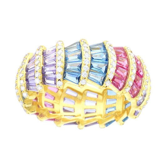 Anello Fascia con Cubic Zirconia Bianchi e Multicolor taglio Trapezio in ARGENTO 925 Galvanica Oro
