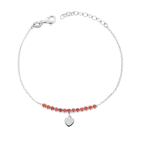 Bracciale Catena Rolo con Cubic Zirconia Rosso Rubino e Cuore plain pendente in ARGENTO 925 Galvanica Rodio