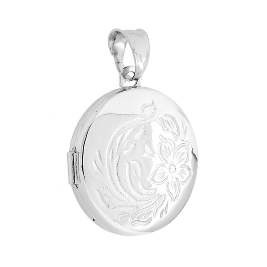 Ciondolo Portafoto o Porta Ricordi di forma di Tonda con Decoro Floreale mm 22 in ARGENTO 925 Galvanica Rodio