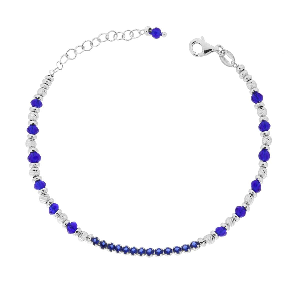 Bracciale Catena Palline Diamantate con Cubic Zirconia e Crystal Blu Zaffiro in ARGENTO 925 Galvanica Rodio