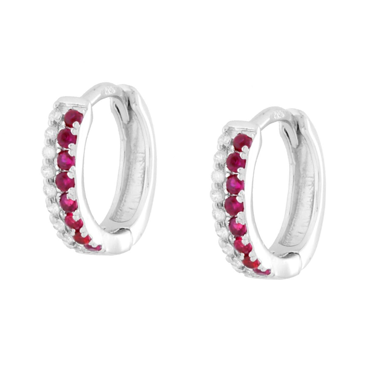 Orecchini Cerchio Scattino con Cubic Zirconia Rosso Rubino e Bianchi in ARGENTO 925 Galvanica Rodio