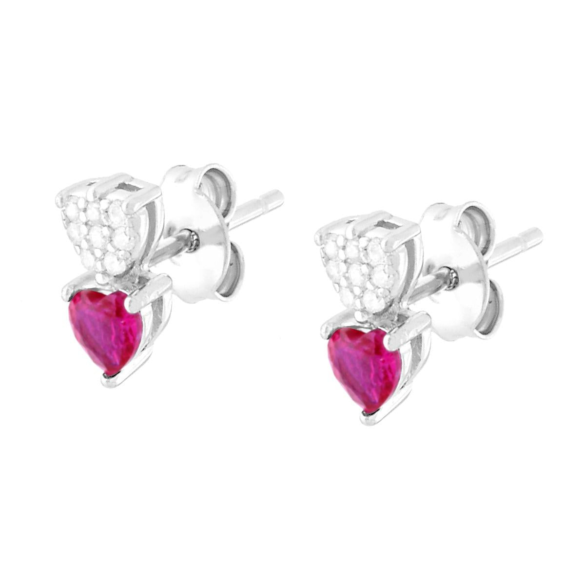 Orecchini con Cuori Rosso Rubino e Cubic Zirconia Bianchi in ARGENTO 925 Galvanica Rodio