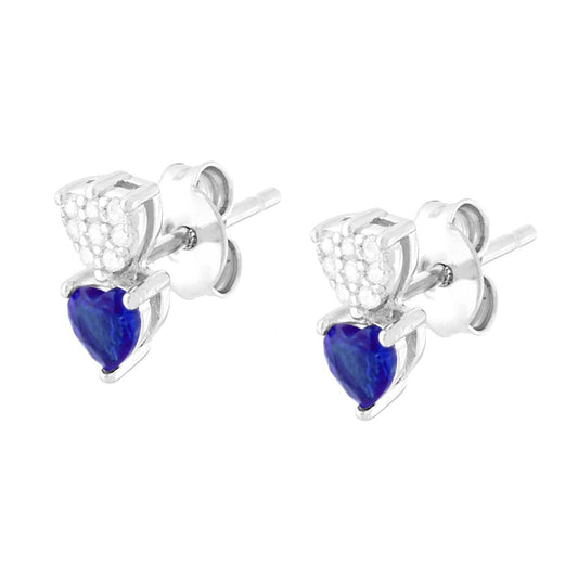 Orecchini con Cuori Blu Zaffiro e Cubic Zirconia Bianchi in ARGENTO 925 Galvanica Rodio
