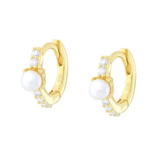 Orecchini Cerchio Scattino con Perla e Cubic Zirconia Bianchi in ARGENTO 925 Galvanica Oro