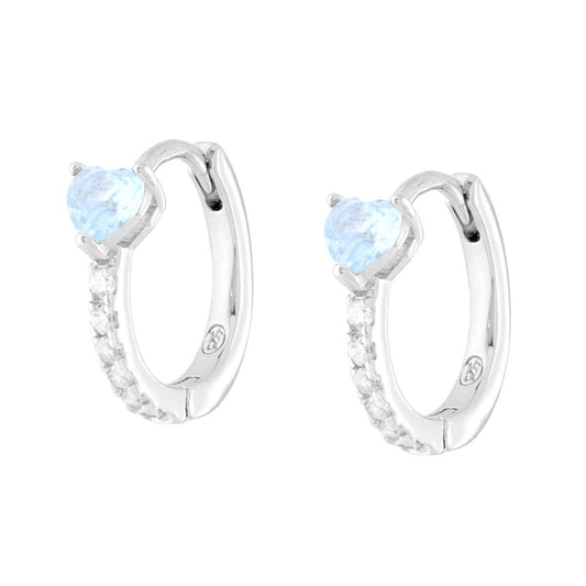 Orecchini Cerchio Scattino con Cuore Acquamarina e Cubic Zirconia Bianchi in ARGENTO 925 Galvanica Rodio