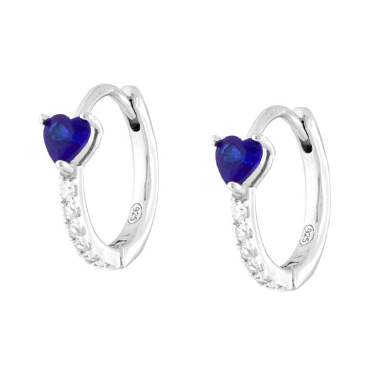 Orecchini Cerchio Scattino con Cuore Blu Zaffiro e Cubic Zirconia Bianchi in ARGENTO 925 Galvanica Rodio