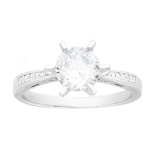 Anello Solitario con Cubic Zirconia Bianchi mm 7 in ARGENTO 925 Galvanica Rodio