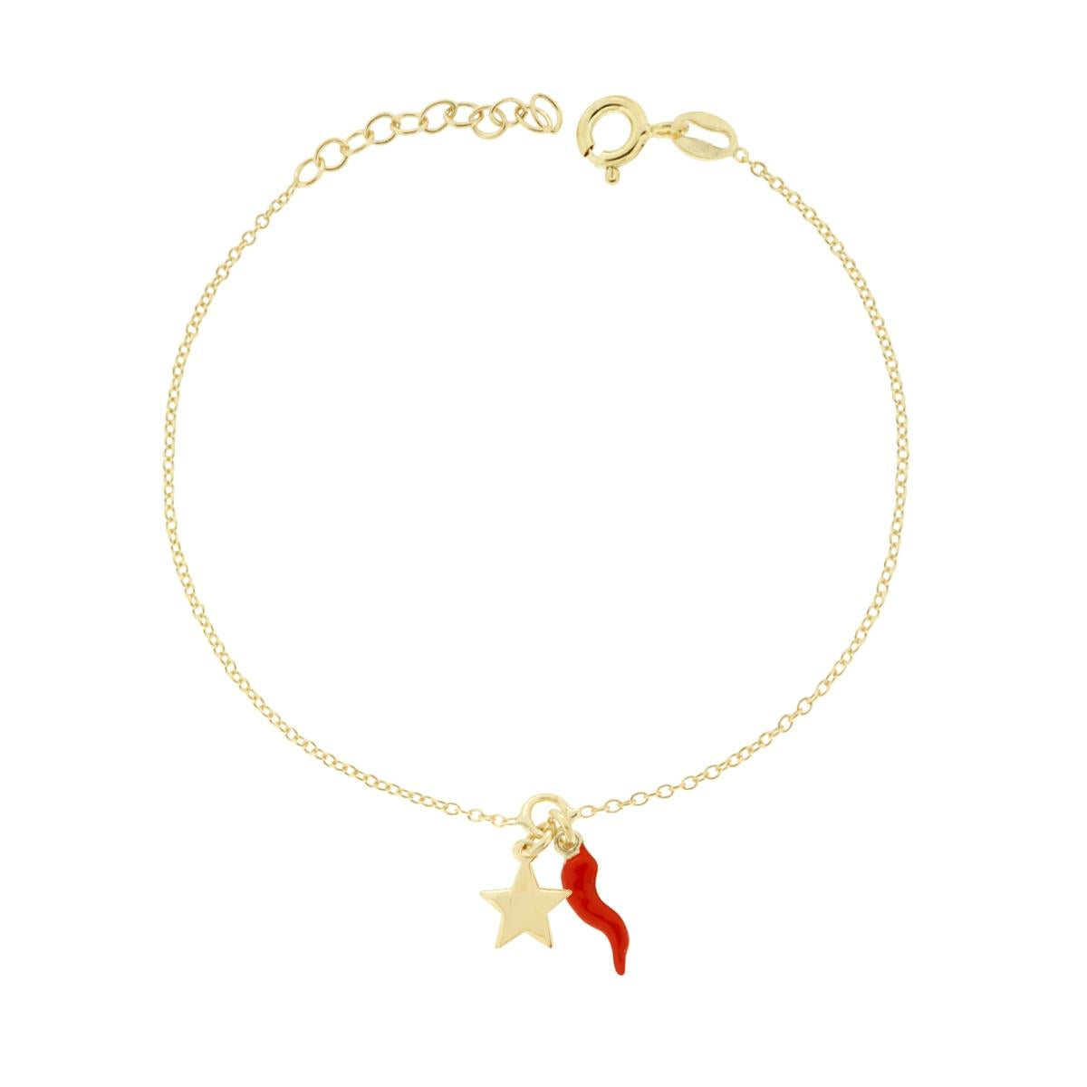 Bracciale Catena Rolo con Corno Smalto Rosso e Stella Portafortuna pendenti in ARGENTO 925 Galvanica Oro