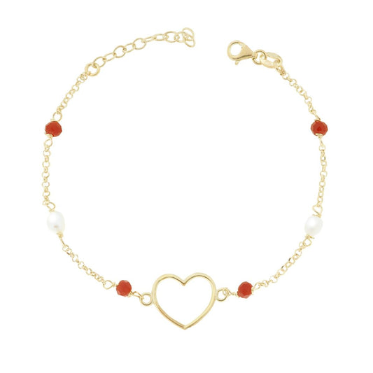 Bracciale Catena Rolo Diamantata Cuore con Crystal Corallo e Perle in ARGENTO 925 Galvanica Oro