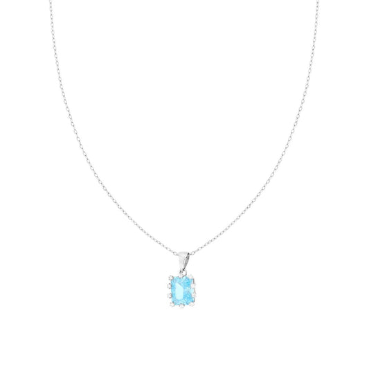 Collana Catena Forzatina Diamantata con Punto Luce Rettangolo Acquamarina con Griffe Fiorite con Cubic Zirconia Bianchi in ARGENTO 925 Galvanica Rodio