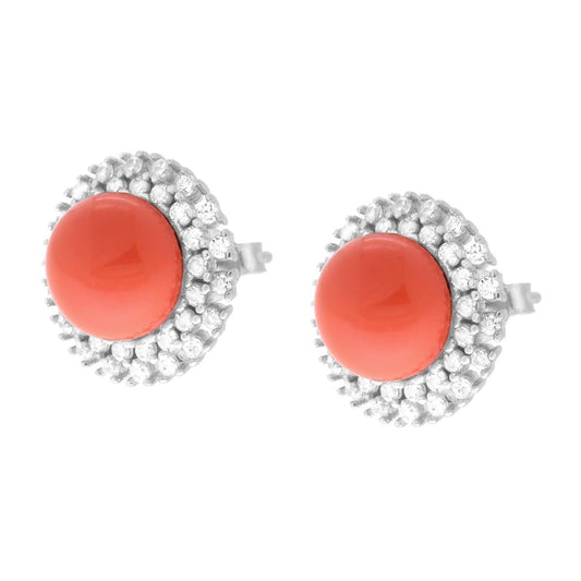 Orecchini Tondo Corallo contornato da Cubic Zirconia Bianchi in ARGENTO 925 Galvanica Rodio
