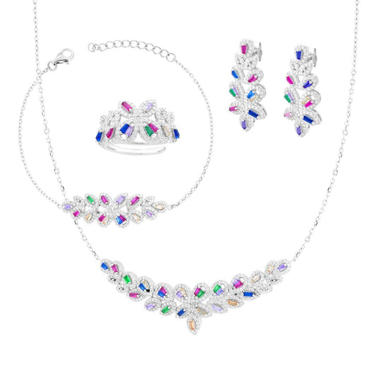 Parure Set Orecchini Collana Bracciale e Anello con Baguette Multicolor contornate da Cubic Zirconia Bianchi in ARGENTO 925 Galvanica Rodio