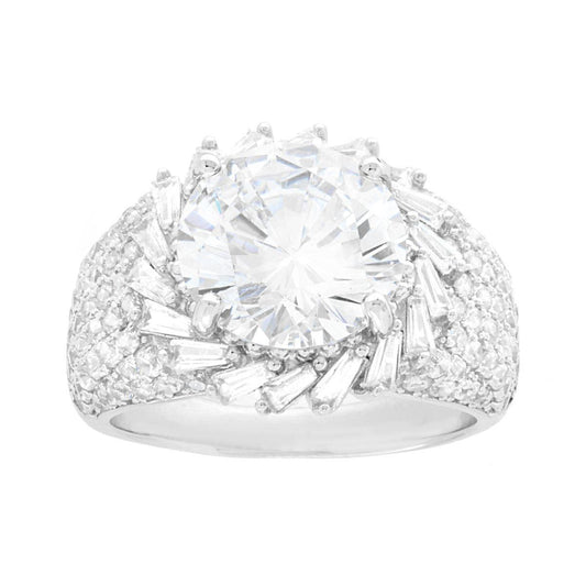 Anello Chevalier Tondo contornato da Cubic Zirconia Bianchi taglio Trapezio in ARGENTO 925 Galvanica Rodio