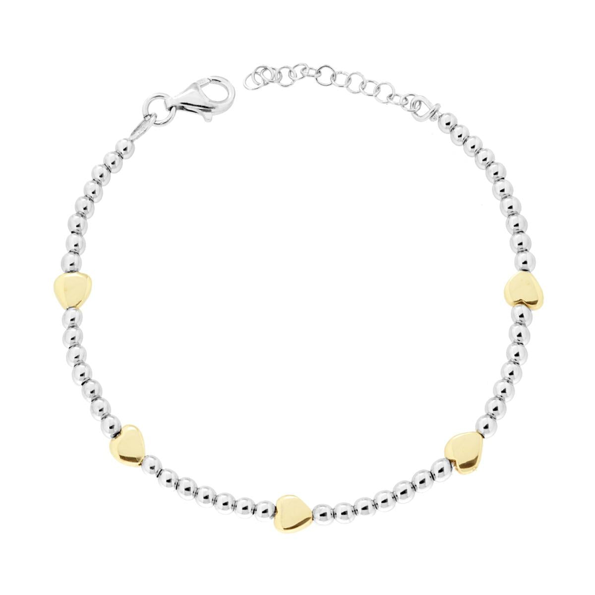 Bracciale Catena con Palline mm 3 e Cuori bombati in ARGENTO 925 Galvanica Rodio e Oro