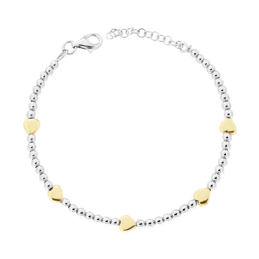 Bracciale Catena con Palline mm 3 e Cuori bombati in ARGENTO 925 Galvanica Rodio e Oro
