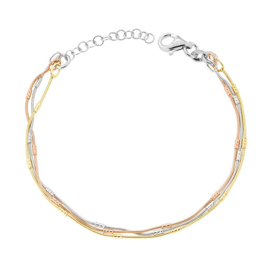 Bracciale tre fili Catena Compressa con Cilindretti Diamantati in ARGENTO 925 Galvanica Rodio Oro e Rosa