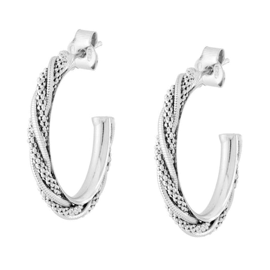 Orecchini Cerchio Creola con Catene Veneziana e Coreana intrecciate in ARGENTO 925 Galvanica Rodio