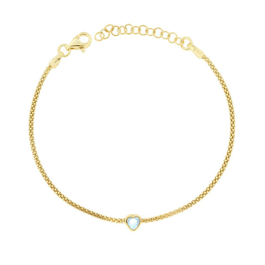 Bracciale Catena Coreana con Cuore Cubic Zirconia Acquamarina in ARGENTO 925 Galvanica Oro