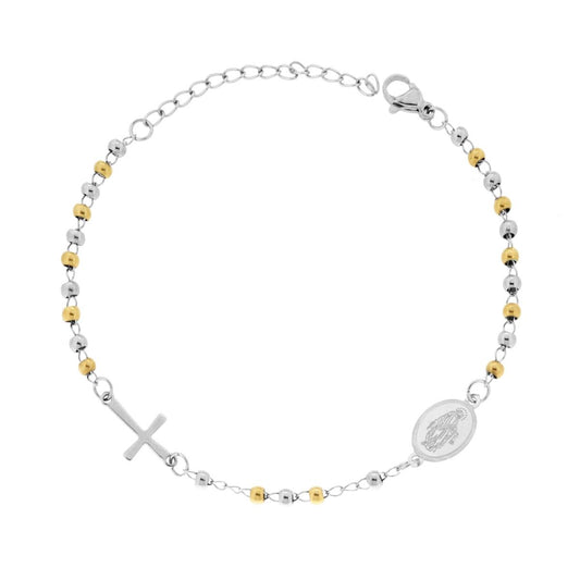 Bracciale Rosario cm 18+5 con Grani Pallina Liscia mm 3 con Croce e Medaglia Madonna in ACCIAIO e colore Oro