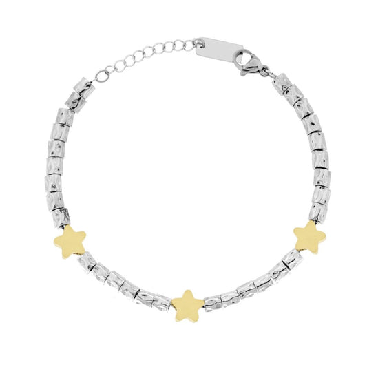 Bracciale Catena con Cilindri Martellati e Stelle colore Oro in ACCIAIO