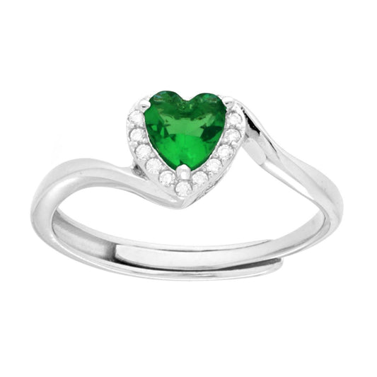 Anello Solitario Cuore Verde Smeraldo contornato da Cubic Zirconia Bianchi in ARGENTO 925 Galvanica Rodio