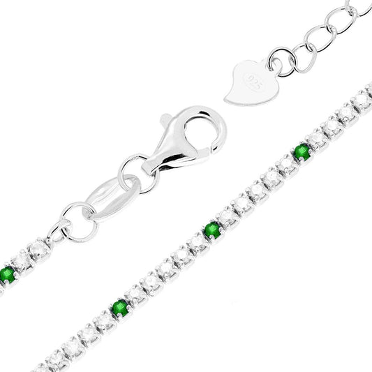 Bracciale Tennis cm 16+3 con Zirconi mm 1.5 alternati Bianchi e Verde Smeraldo in ARGENTO 925 Galvanica Rodio