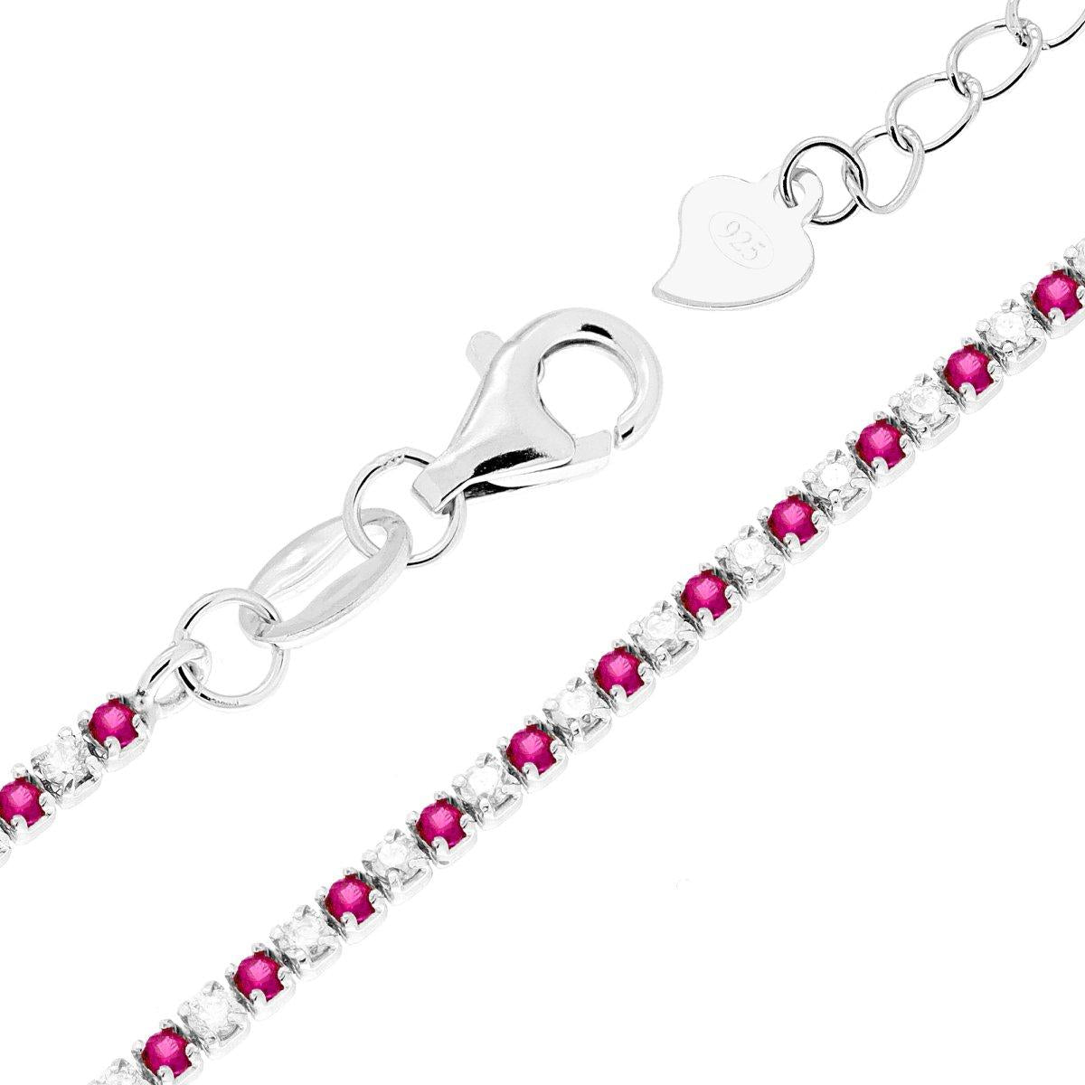 Bracciale Tennis Griffe cm 16+3 con Zirconi mm 1.5 alternati Bianchi e Rosso Rubino in ARGENTO 925 Galvanica Rodio