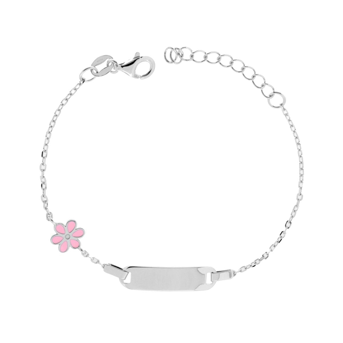 Bracciale Bimbo Bimba Targa Rettangolare con Catena Forzatina Diamantata e Fiore con Smalto Rosa in ARGENTO 925 Galvanica Rodio