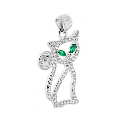 Ciondolo Gatto con Occhi Verde Smeraldo e Cubic Zirconia Bianchi in ARGENTO 925 Galvanica Rodio