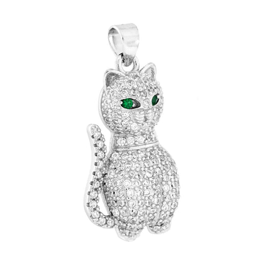 Ciondolo Gatto con Occhi Verde Smeraldo e Cubic Zirconia Bianchi in ARGENTO 925 Galvanica Rodio