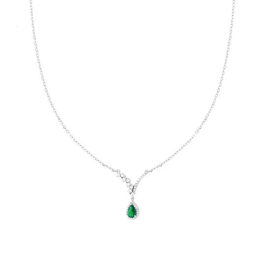 Collana Catena Forzatina Diamantata con Diadema Bianco e Goccia Verde Smeraldo contornata da Cubic Zirconia Bianchi in ARGENTO 925 Galvanica Rodio