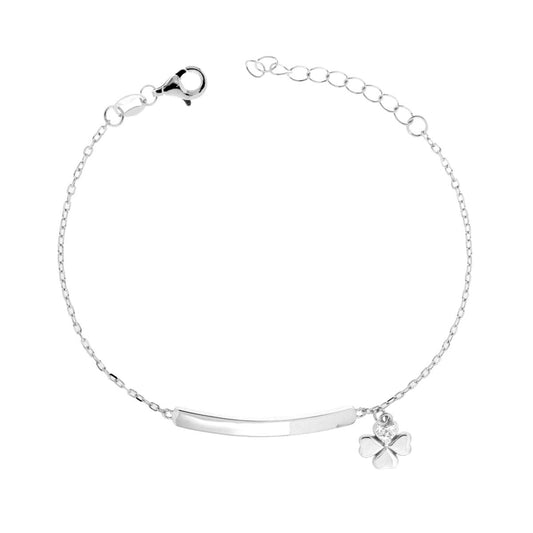 Bracciale Bimbo Bimba Targa Rettangolare Catena Forzatina Diamantata e Quadrifoglio con Cubic Zirconia Bianchi in ARGENTO 925 Galvanica Rodio