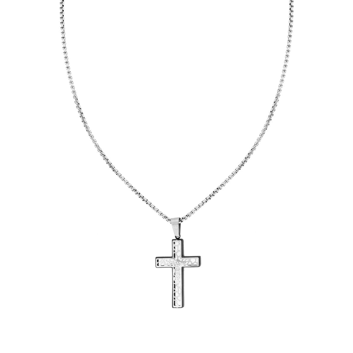 Collana Uomo Catena Veneziana tonda con Croce pendente colore Nero in ACCIAIO