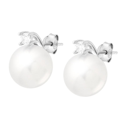 Orecchini Perla mm 12 con Cubic Zirconia Bianco in ARGENTO 925 Galvanica Rodio