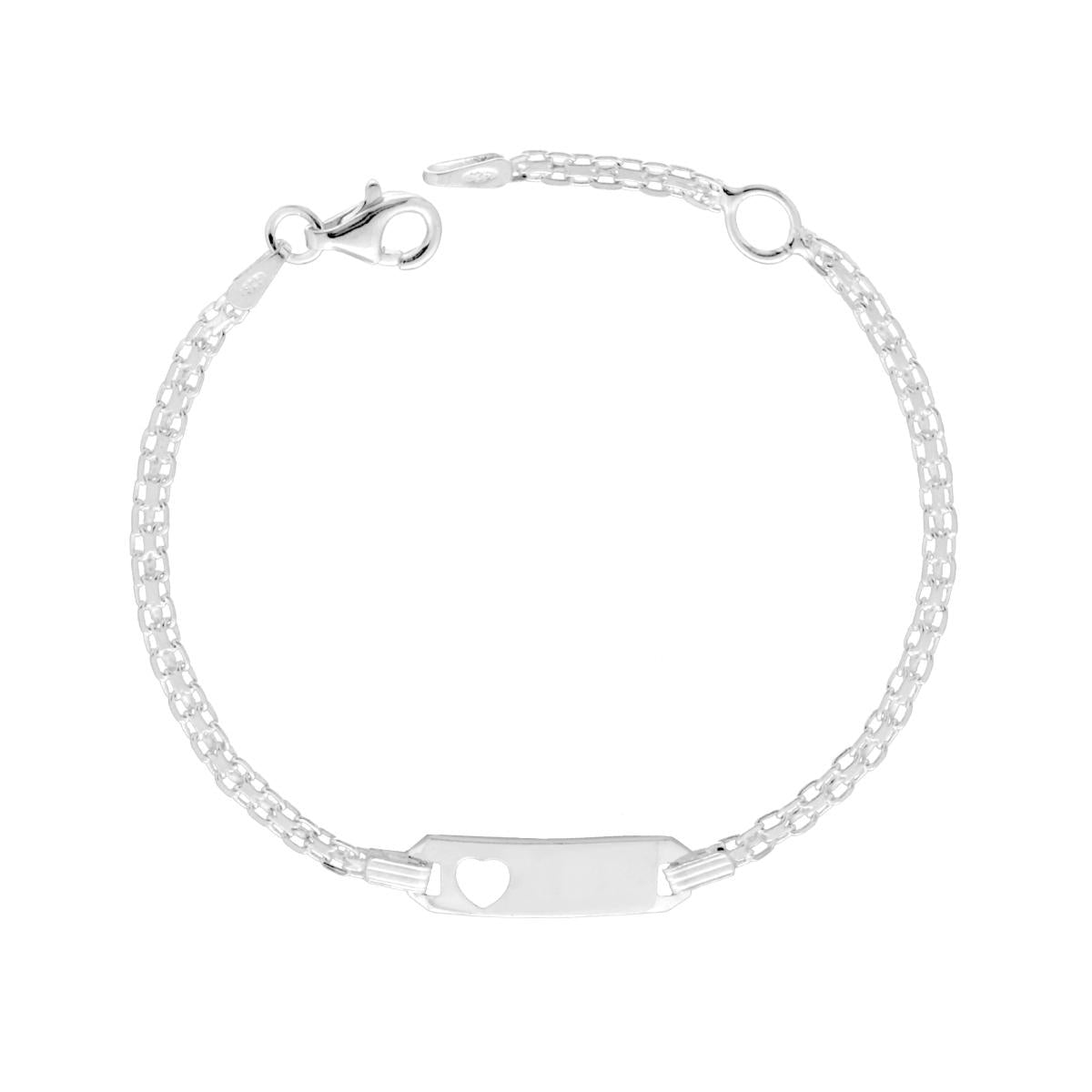 Bracciale Targa Bimbo Bimba con Cuore traforato e Catena Bismark in ARGENTO 925