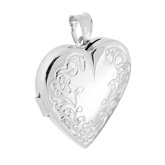 Ciondolo Portafoto o Porta Ricordi a forma di Cuore con Decoro Floreale mm 30 in ARGENTO 925 Galvanica Rodio<BR>