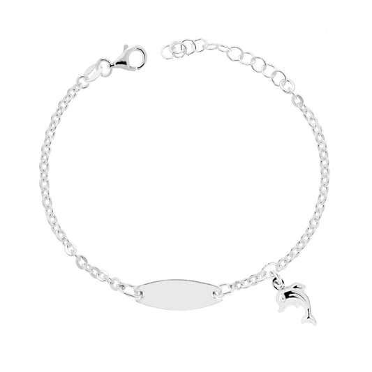 Bracciale Bimbo Bimba Targa Ovale con Catena Forzatina Tonda Diamantata e Delfino Bombato in ARGENTO 925