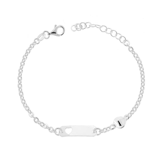 Bracciale Bimbo Bimba Targa Rettangolare con Cuore Traforato Catena Forzatina Tonda Diamantata e Cuore Bombato in ARGENTO 925