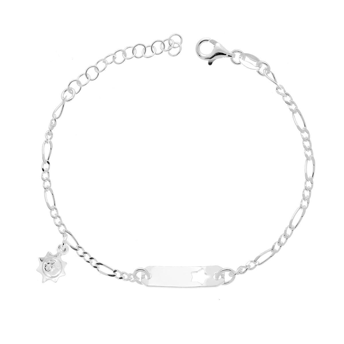 Bracciale Targa Bimbo Bimba Catena Figaro Alternata 3+1 con Stella traforata e Sole pendente in ARGENTO 925