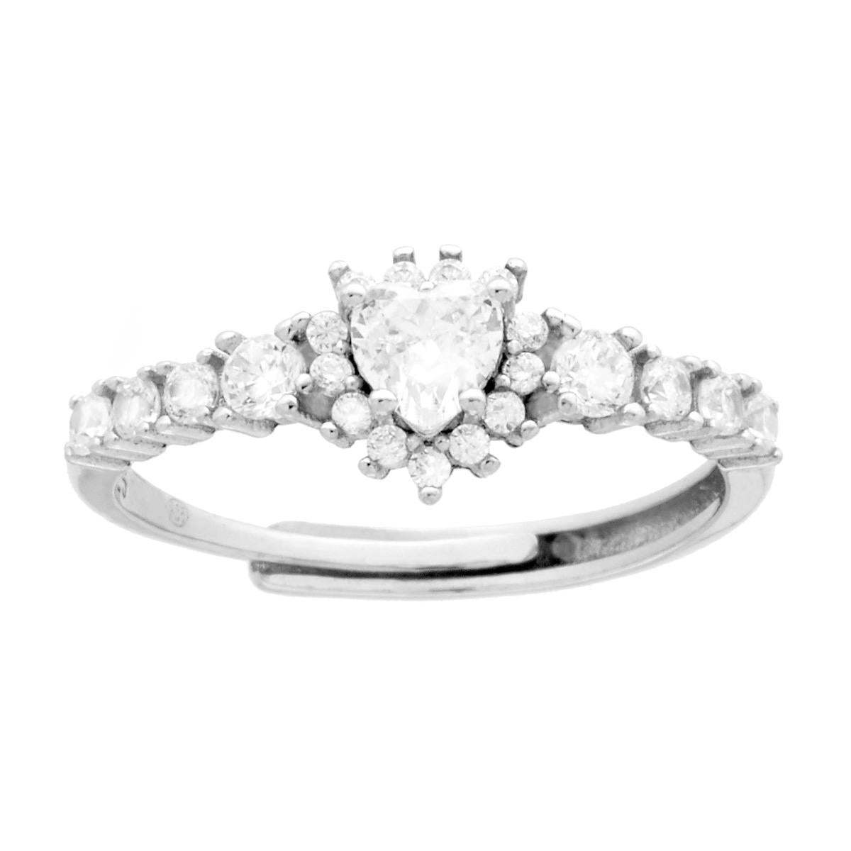 Anello Veretta con Cuore Bianco contornato da Cubic Zirconia Bianchi in ARGENTO 925 Galvanica Rodio
