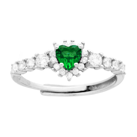 Anello Veretta Cuore Verde Smeraldo contornato da Cubic Zirconia Bianchi in ARGENTO 925 Galvanica Rodio