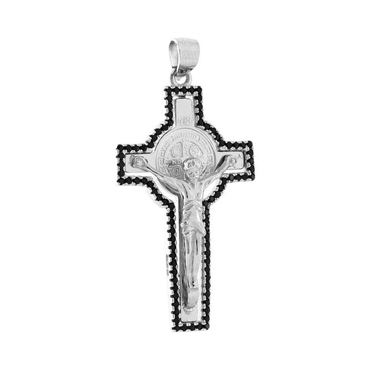 Ciondolo Croce con Gesu Cristo e Cubic Zirconia Neri in ARGENTO 925 Galvanica Rodio