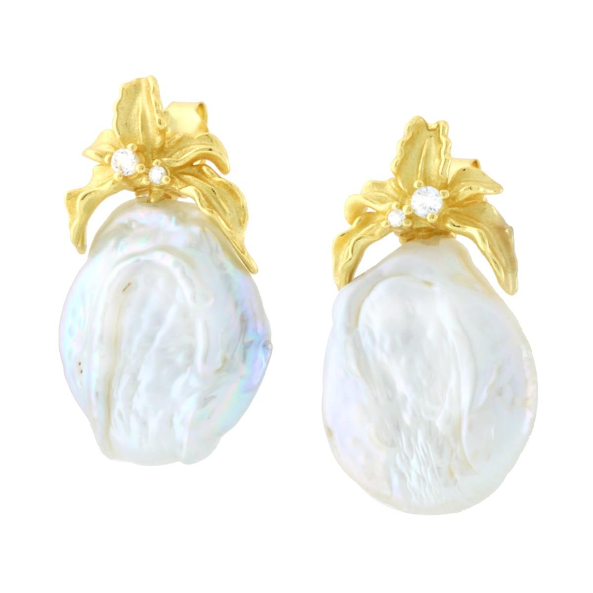Orecchini Fiore con Perla Scaramazza e Cubic Zirconia Bianchi in ARGENTO 925 Galvanica Oro