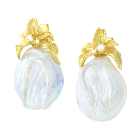 Orecchini Fiore con Perla Scaramazza e Cubic Zirconia Bianchi in ARGENTO 925 Galvanica Oro