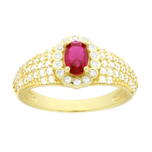 Anello Ovale Rosso Rubino contornato da Cubic Zirconia Bianchi in ARGENTO 925 Galvanica Oro