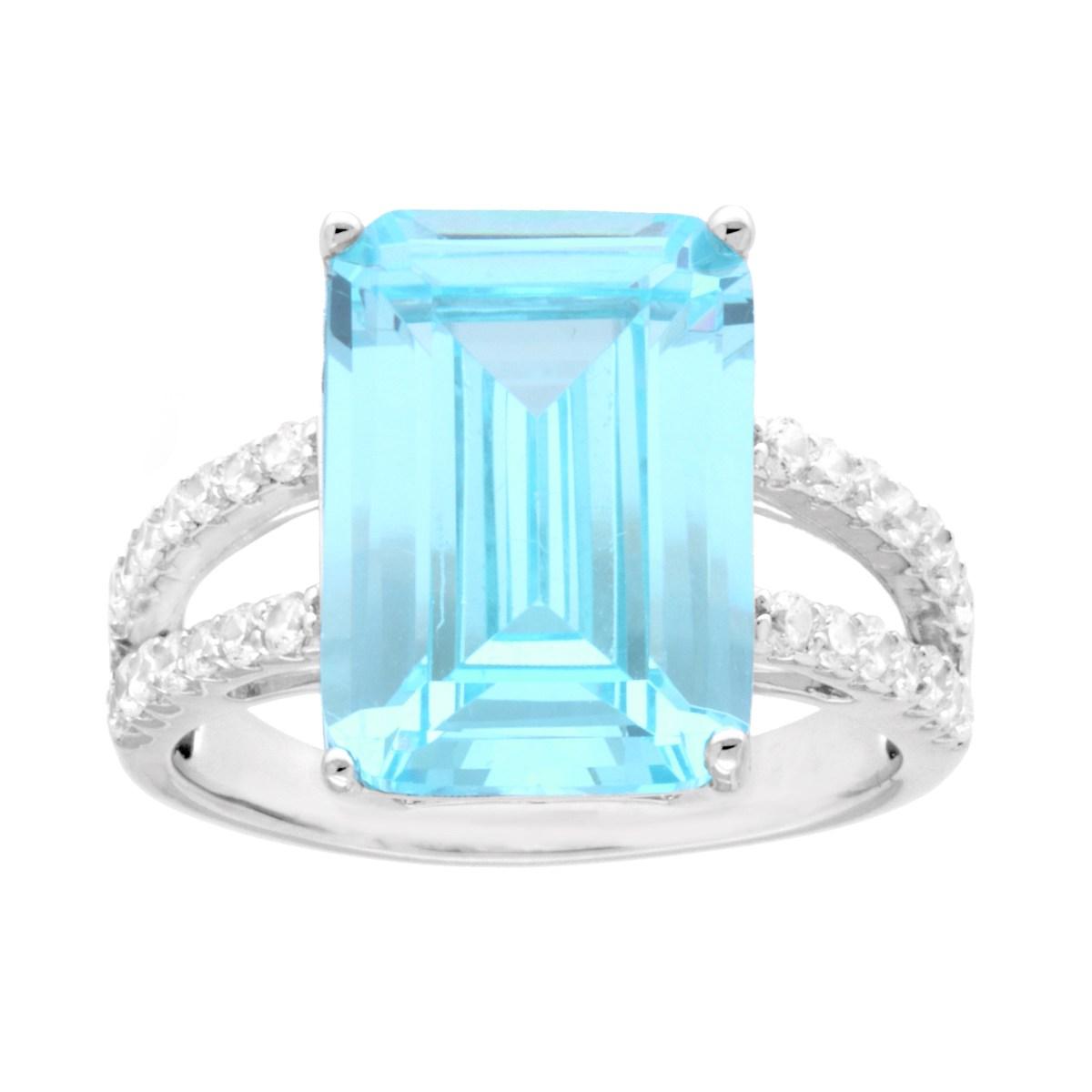 Anello Solitario Rettangolo Acquamarina con Cubic Zirconia Bianchi in ARGENTO 925 Galvanica Rodio