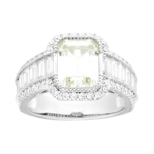 Anello Solitario Quadrato Quarzo Citrino con Cubic Zirconia e Baguette Bianchi in ARGENTO 925 Galvanica Rodio